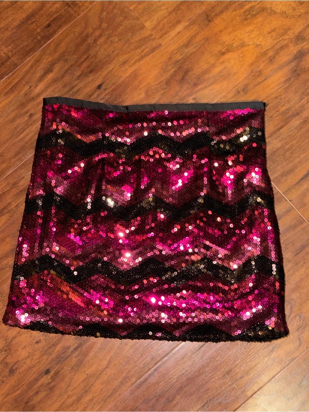 Women’s Pink Sequin Mini Skirt with Black Chevron Detail